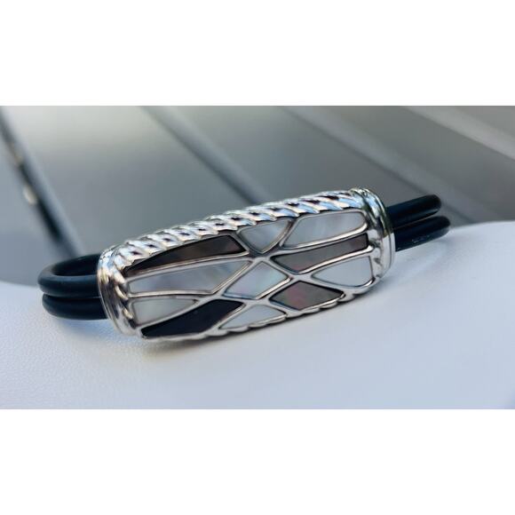 Lia Sophia Mother of Pearl Abalone Shell Bracelet Black Cord 7.25” Mosaic Inlay - Picture 2 of 6